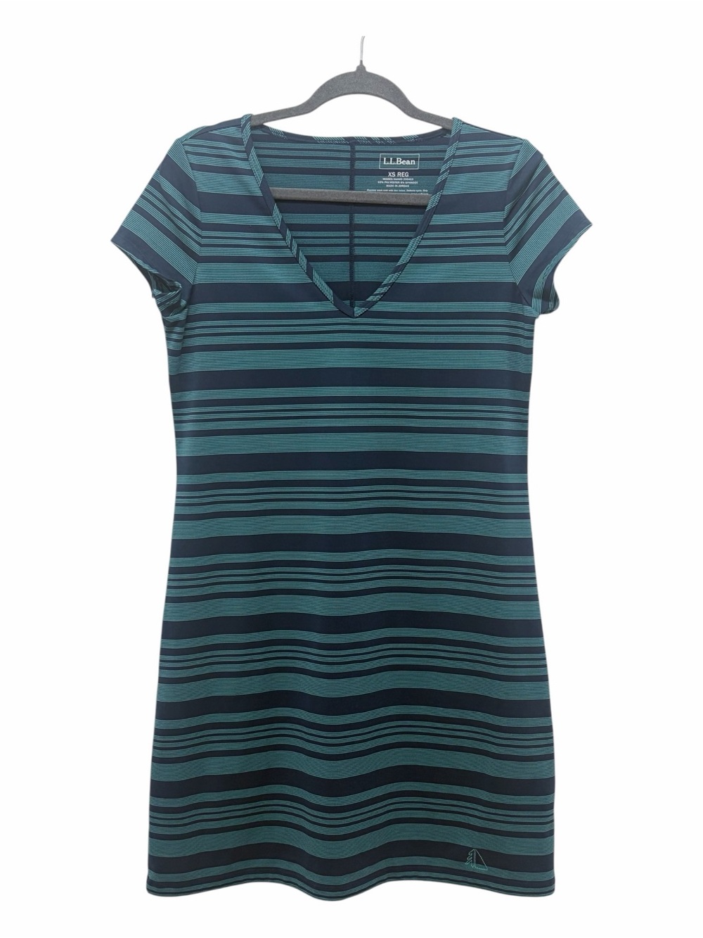 L.L. Bean Navy Blue & Green Striped V Neck Short Sleeve T-shirt Dress -Small